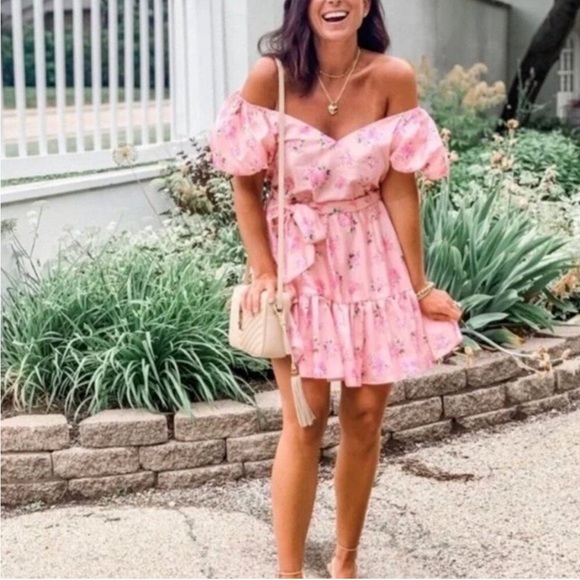 LoveShackFancy Pink Ruched Ruffled Mini Dress - Picture 1 of 7